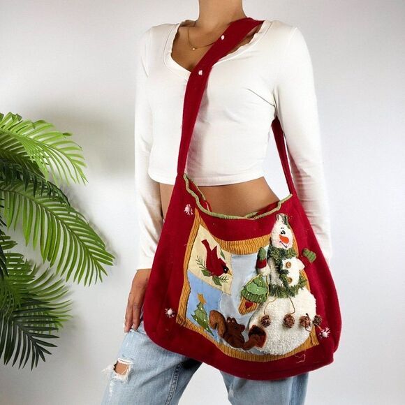 Vintage 90s Red Boho Cottagecore Christmas Snowman Holiday Tote Bag Purse - Picture 6 of 6